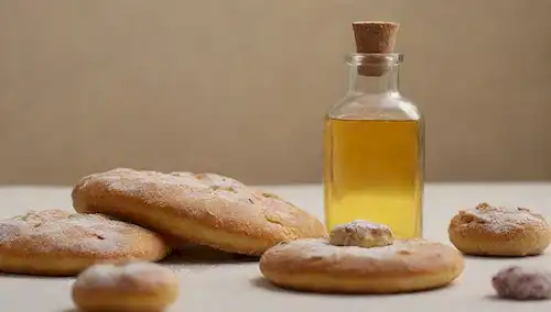 un fondo de color neutro con una pequeña botella de vidrio en el centro, rodeado de dulces y pasteles dispersos, un resplandor débil arriba para significar la bondad natural