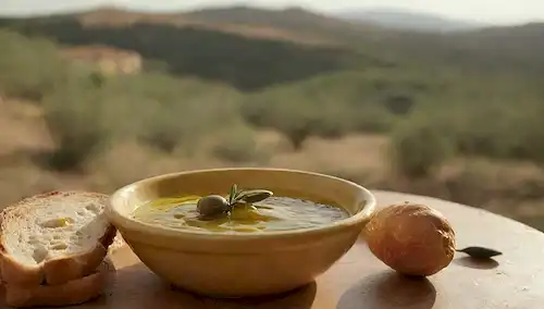 Un cuenco lleno de diversos tipos de aceite de oliva español, líquido de oreja dorada deslumbrado sobre el pan rústico, un plato de tapas en el fondo, un paisaje mediterráneo sutil, una cálida luz solar que arroja un suave resplandor, algunas aceitunas dispersas y un toque de hierbas frescas