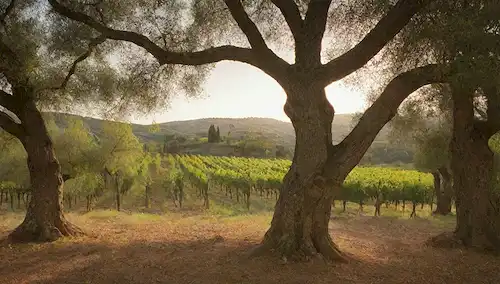 Aceitunas de lujo, laderas bañadas por el sol, hileras de árboles antiguos, edificios de piedra rústica, viñedos verdes, luz dorada filtrando a través de hojas, un sentido de serenidad, un toque de encanto rústico, paisajes rodantes