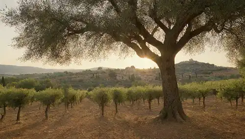 Un paisaje mediterráneo de oreja dorada con un cálido sol sobre olivares