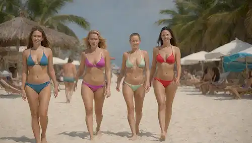 3 mujeres en trajes de baño caminando a lo largo de una playa llena de gente
