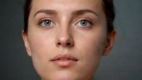 3D renderings of human face with brighting LED lights, close-ups of eyes and nose, soft background bright, sutil shading and highlights, realista skin textura, no facial expressions, minimalist design