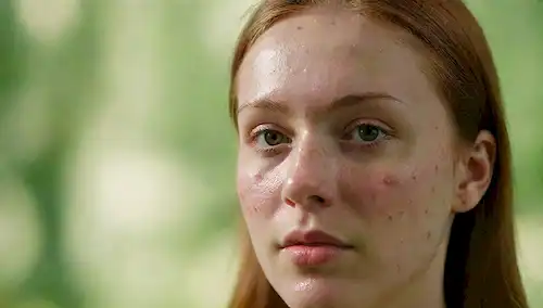 Una persona joven se enfrenta con cicatrices de acné, un grano rojo inflado, y una máscara LED aplicada en la cara, con luz suave emitiendo de la máscara, rodeado por un fondo verde calmante, con chispas sutiles o efectos de brillo para indicar proceso de curación y limpieza