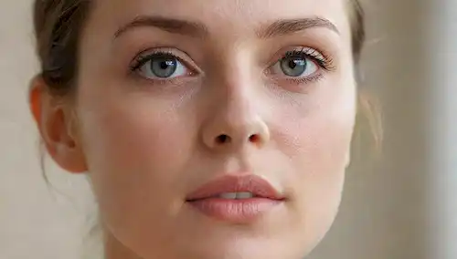 ilustración facial 3D, piel brillante, líneas delicadas, textura sutil, luz suave, ambiente calmante, fondo sereno, enfoque suave, colores relajantes, diseño minimalista