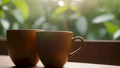 2 tazas, una llena de vapor Yerba Té mate, otro con café caliente, iluminación contrastante, tonos terrenales, texturas naturales, un fondo sutil borroso, brillo cálido alrededor de las tazas, hojas o ramas que insinúan los orígenes de las plantas, un ambiente minimalista y acogedor