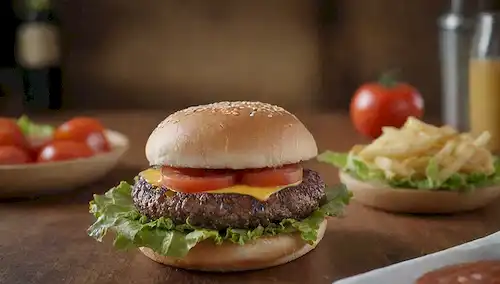 19 hamburguesas jugosas, diversos toppings, colores vibrantes, condimentos, lechuga, tomates, queso, buns, lados, placas de madera, utensilios, presentación de bueyes, tomas de cerca, arreglos creativos, dorado, aromas salados, detalles apetitosos y atractivo visual