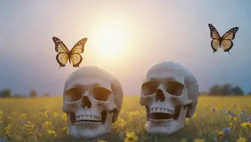 Calaveras 3D con caras sonrientes, mariposas deslumbrantes, un sol en el fondo, un esbozo débil de una reunión familiar, un sutil gradiente de azul a amarillo, unas cuantas flores dispersas, un delicado borde de encaje, y una cálida luz dorada