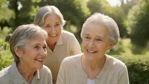 Mujer de 80 años sonriendo con nietos en un jardín