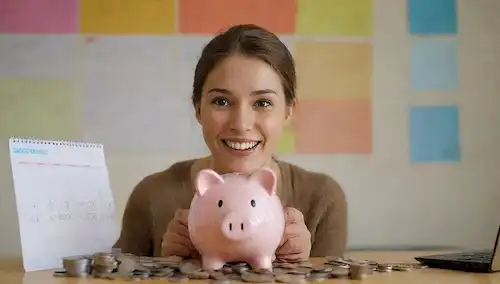 Una persona que sostiene un banco con monedas que se derraman, sentado frente a un calendario de pared colorido, rodeado de billetes de papel y una pila de efectivo, con una sonrisa feliz en su cara, junto a una taza llena de café y un portátil o tableta abierto en una mesa