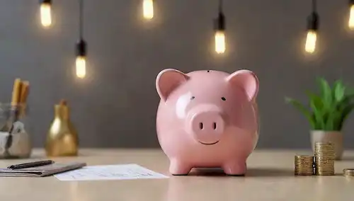 ilustración 3D de un banco de perritos, rodeado de monedas y facturas, con un luminoso farol encima, en un fondo simple con sutiles iconos financieros, con una persona sonriendo en la esquina, con un esbozo débil de un planificador de presupuesto o calendario en la distancia