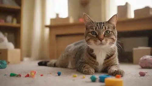Un gato jugando con un objeto raro, rodeado de espacio vivo desordenado, con juguetes y trinkets diseminados alrededor, una expresión curiosa en su cara, contra un fondo borroso, con una paleta de colores cálido y acogedor, capturando un sentido del caos y la fascinación