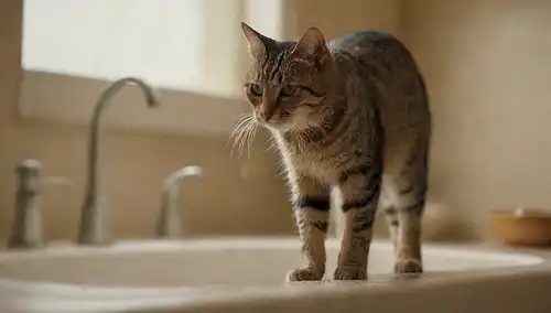 Un gato doméstico de pie frente a un fregadero