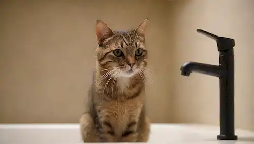 Un gato curioso sentado junto a un grifo, los ojos fijos en el agua fluyendo hacia fuera, los whiskers twitching, patas levantadas como si estuviera a punto de beber, fondo borroso