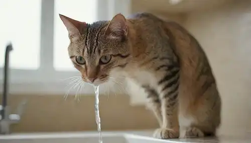 Una toma de cerca de la cabeza de los gatos y el cuerpo superior, la cara delantera, los ojos enfocados en el agua fluyendo de un grifo, la boca abierta en anticipación o bebida, con un fondo sutil borroso de un mostrador de cocina o área de fregadero