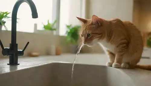 Un gato que bebe de un grifo, con una expresión curiosa, en un ambiente moderno de cocina, con un tono cálido, con un enfoque sutil en la corriente de agua, y un toque de humedad que rodea la boca de gatos, todo dentro de una composición rectangular, con espacio negativo alrededor de ella