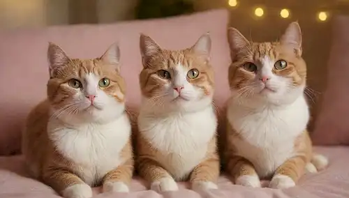 2 gatos lindos, uno con ojos cerrados, otro con ojo ligeramente abierto, sentado en un cojín o almohada, rodeado de colores suaves e iluminación sutil, transmitiendo un sentido de intimidad, juguetonidad y cariño suave, posiblemente con algunos juguetes o objetos cercanos para insinuar las interacciones juguetonas, el estado de ánimo general ser cálido, acogedor, e invitando