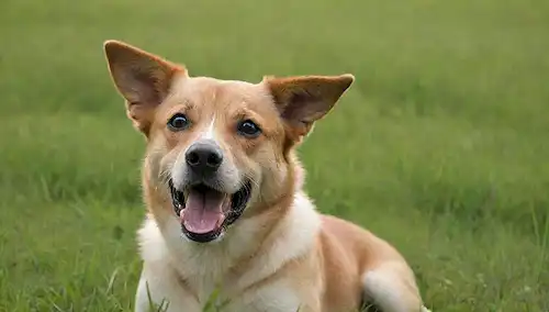 Un perro juguetón en un prado verde, rodeado de hierbas exuberantes, con una expresión de curiosidad y leve incomodidad en su cara, entre hojas dispersas y cuchillas de hierba que se pegan de su boca o enredadas en su piel, transmitiendo un sentido de incertidumbre y potencial inquietud