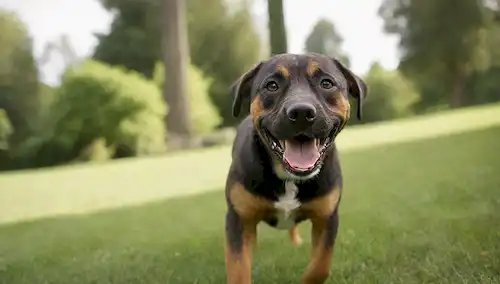 Un perro que se acerca a un césped con hierba verde exuberante, una expresión curiosa en su cara; un fondo borroso con árboles y cielo; la luz del sol arrojando sombras sobre la hierba; unas cuantas hojas de hierba ligeramente dobladas o rotas para sugerir curiosidad; un movimiento sutil o borroso alrededor de la zona de boca de perros