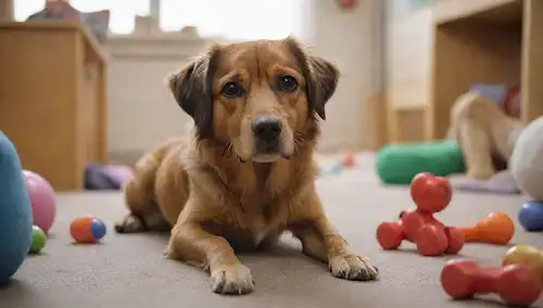 Un perro angustiado y desdichado con una expresión confusa, rodeado de juguetes y objetos esparcidos, con un fondo borroso que insinúa en una sala desordenada, transmitiendo un sentido de declive cognitivo