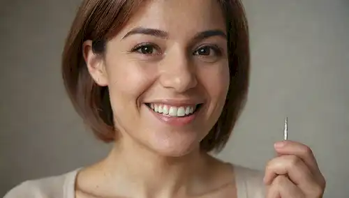 Un disparo de cerca, una mujer, tono de piel medio, sonriente, las manos sostienen un pequeño dispositivo, una punta como aguja, movimiento suave, arrugas sutiles, líneas finas, cabello suave