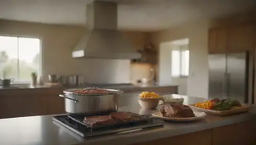 Una moderna escena de cocina con un horno elegante en el centro, rodeado de diversos utensilios de cocina e ingredientes en un mostrador de acero inoxidable, una cálida iluminación dorada iluminando todo el espacio, un asado de olla que se saca del horno, vapor que sale del plato, un sombrero de chefs y un delantal cerca, un fondo sutil de una isla de cocina y armarios