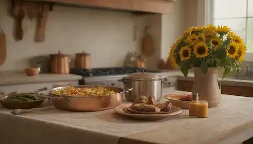 Un ambiente cálido y acogedor de cocina, con un gran horno como pieza central, rodeado de utensilios de madera, macetas de cobre y verduras frescas; un toque de vapor que sale del horno; iluminación dorada que refleja los electrodomésticos de acero inoxidable; un mantel rústico en tonos suaves de tierra; un jarrón con girasoles en el mostrador