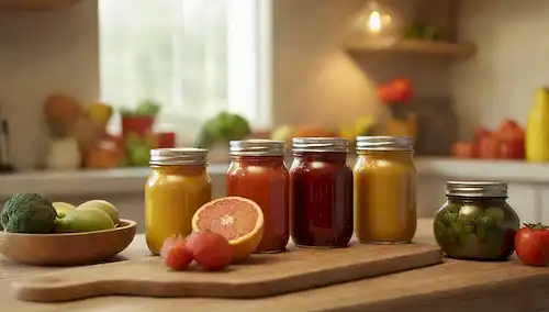 Escena de cocina caliente con mesa de madera rústica, jarros de cerámica llenos de condimentos coloridos, frutas frescas y verduras dispuestas artfully, suave luz dorada iluminando desde arriba, suave efecto borroso para crear ambiente acogedor, colores vibrantes y texturas