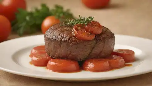 Un jugoso filete de carne servido en un plato, rodeado de tomates frescos, pan crujiente y hierbas, con una rica salsa roja goteada sobre la carne, contra un beige cálido o fondo dorado, con un enfoque suave en la comida, evocando una sensación de calidez apetitoso y comodidad