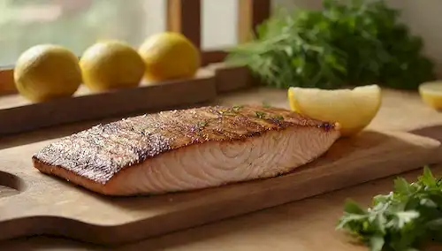 Un pez a la parrilla con una crujiente piel dorada, colocada en una tabla de corte rústica de madera, rodeada de limones rebanados y ramitas de perejil fresco, contra un cálido y acogedor fondo de cocina, con un toque de sol filtrando a través de una ventana