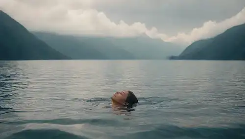 una onda oceánica tranquila, una persona flotando en la espalda, ojos cerrados, manos descansando en la superficie de las aguas, rodeada de nubes pacíficas, con una débil cordillera de fondo