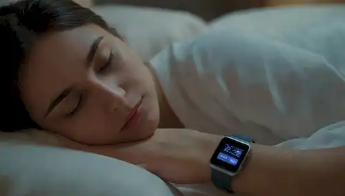 Una persona que duerme tranquilamente con un teléfono inteligente a su lado, un brillo sutil en su muñeca sugiriendo un monitoreo continuo de glucosa, un fondo serena con colores calmantes, un esbozo débil de un reloj inteligente o dispositivo usable en la esquina, un suave gradiente desvaneciendo en la oscuridad