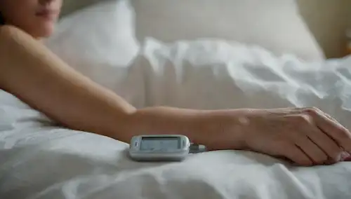 Una persona tranquila acostada en la cama con un dispositivo de monitor de glucosa elegante pegado a su brazo, rodeado de luz suave, sombras suaves y un ambiente tranquilo, mostrando un ambiente sereno