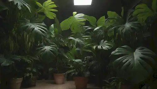 Una exuberante selva interior con un centro de Monstera deliciosa, rodeado de otros Monsteras en diferentes tamaños y formas, con luz brillante e indirecta que brilla desde arriba, un toque de gotas de agua en las hojas, y sombras sutiles en las superficies circundantes, evocando un sentido de serenidad y crecimiento verdiente
