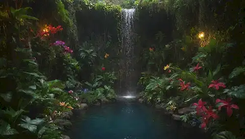 Una exuberante y vibrante selva con plantas torrentes y viñedos colgantes, con una prominente exhibición de flores coloridas, una característica de agua tranquila, y un ambiente de iluminación suave y cálido