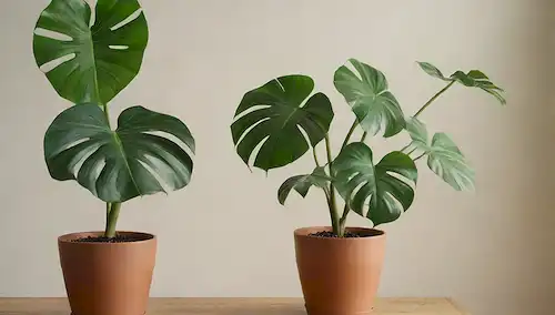 Un verde exuberante Monstera deliciosa con fenestraciones prominentes y raíces aéreas