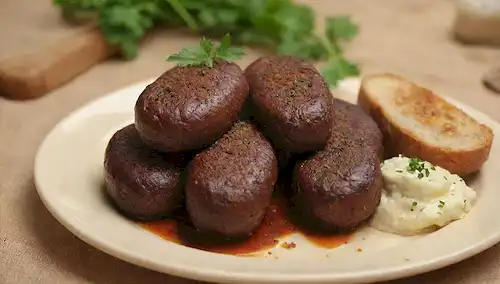 Sausage de sangre frita 3D, marrón crujiente y dorado, colocado en un plato rústico, rodeado de perejil fresco, rebanadas de limón, y migas de pan crujiente, con unos pocos dolosos de puré de papas cremosas en el fondo, con un fondo beige caliente o dorado
