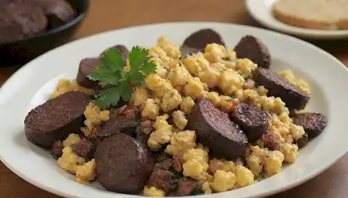 Un plato de huevos revueltos, una generosa ayuda de salchichas de sangre (morcilla), crujientes croutones de pan, y una rociada de perejil