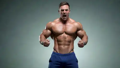 Ilustración 3D, culturista de punta muscular en media pose de masa muscular, brazos flexionados, piernas fuertes, gradiente de fondo de verde a azul, textura sutil para un efecto realista