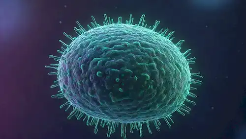 ilustración 3D de una célula humana de aspecto juvenil con núcleo brillante, rodeada de partículas azul-verde girando, con pequeñas mitocondrias en el fondo emitiendo chispas, puestas contra un cielo gris azul oscuro o púrpura, con delicadas hebras de ADN curvadas alrededor de ella