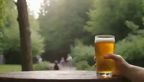 Una cálida y soleada escena al aire libre con un vaso de cerveza espumada en la mano