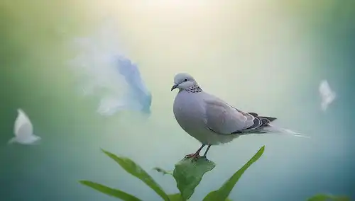 Un cerebro con un aura saludable y brillante, rodeado de una suave y agitada niebla, con delicados hilos que lo conectan a un tallo de planta vibrante y frondoso, y un par de palomas o mariposas encaradas en ambos lados, en medio de tonalidades azules y verdes suaves, con equilibrio, armonía y tranquilidad