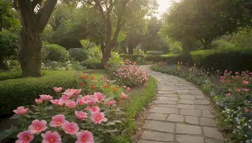 Un paisaje tranquilo y sereno con un camino de viento, que conduce a un jardín floreciente, con flores vibrantes y exuberante vegetación, con suave luz solar filtrando por las hojas, transmitiendo sentimientos de paz y armonía