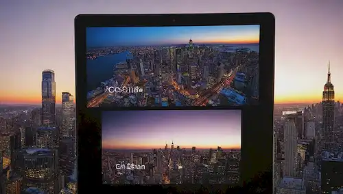 Un collage de pantallas de televisión con diversos géneros, una lente de cámara de cine, un logotipo de streaming superpuesto en un skyline de la ciudad al atardecer, una tableta que muestra varias aplicaciones gratuitas de streaming, un portátil con una pantalla dividida que muestra opciones gratuitas y pagadas
