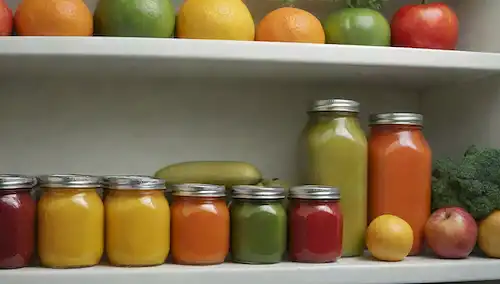 Frutas y verduras frescas perfectamente dispuestas en una composición colorida en la estantería del refrigerador, con algunos desbordamiento en la encimera; unos pocos contenedores con etiquetas claras se apilan a su lado; un frasco de vidrio lleno de jugo o agua se sienta cerca; un brillo de fondo sutil sugiere un ajuste de cocina brillante