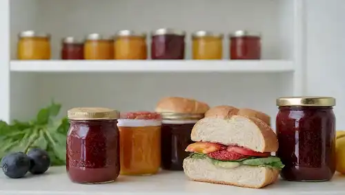 Frutas y verduras frescas dispuestas en un estante blanco limpio, un frasco de vidrio lleno de mermelada casera en el fondo, unos cuantos sándwiches bien envueltos colocados en el estante superior