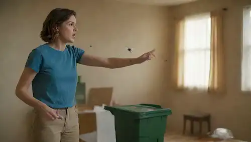Una mujer con ropa casual en pie cerca de una lata de basura con moscas zumbidas alrededor de ella, sosteniendo un intercambiador de moscas y dando una mirada determinada, con un desordenado fondo de la habitación, unos papeles dispersos en una mesa, y una fuente de luz débil de arriba, transmitiendo un sentido de acción y control