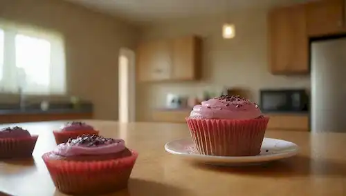 Un cálido y acogedor interior de casa con un mostrador de cocina en foco, con una lata de basura, un tazón de frutas y un poste de pastelería, rodeado de moscas zumbidas alrededor de ella, con algunos de ellos aterrizando en comida, superficies y objetos, transmitiendo un sentido de molestia y ambiente no higiénico