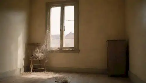 Una escena interior casera con una ventana abierta agrietada, una puerta ligeramente ajar, moscas alrededor, unos pocos aterrizando en superficies de muebles, una red o una pantalla cerca, una escoba que se inclina contra una pared en el fondo, unas moscas perdidas zumbidas alrededor de ella, la luz del sol que fluye por la ventana abierta