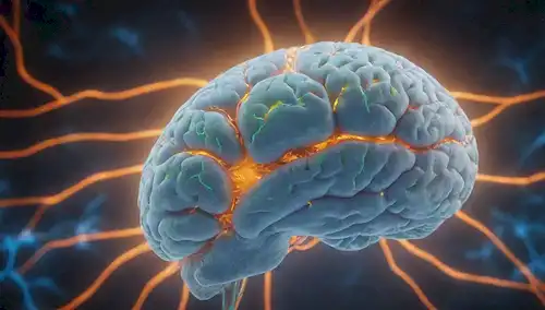 ilustración 3D de un cerebro con neuronas azul brillante, un patrón de tablero de circuito sutil en el fondo, unas pocas sinapsis resaltadas en naranja, y un toque de luz verde emanando de dentro