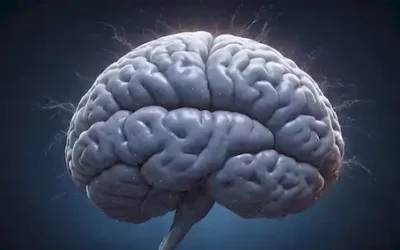 ilustración 3D de un cerebro humano con neuronas iluminadas por chispas